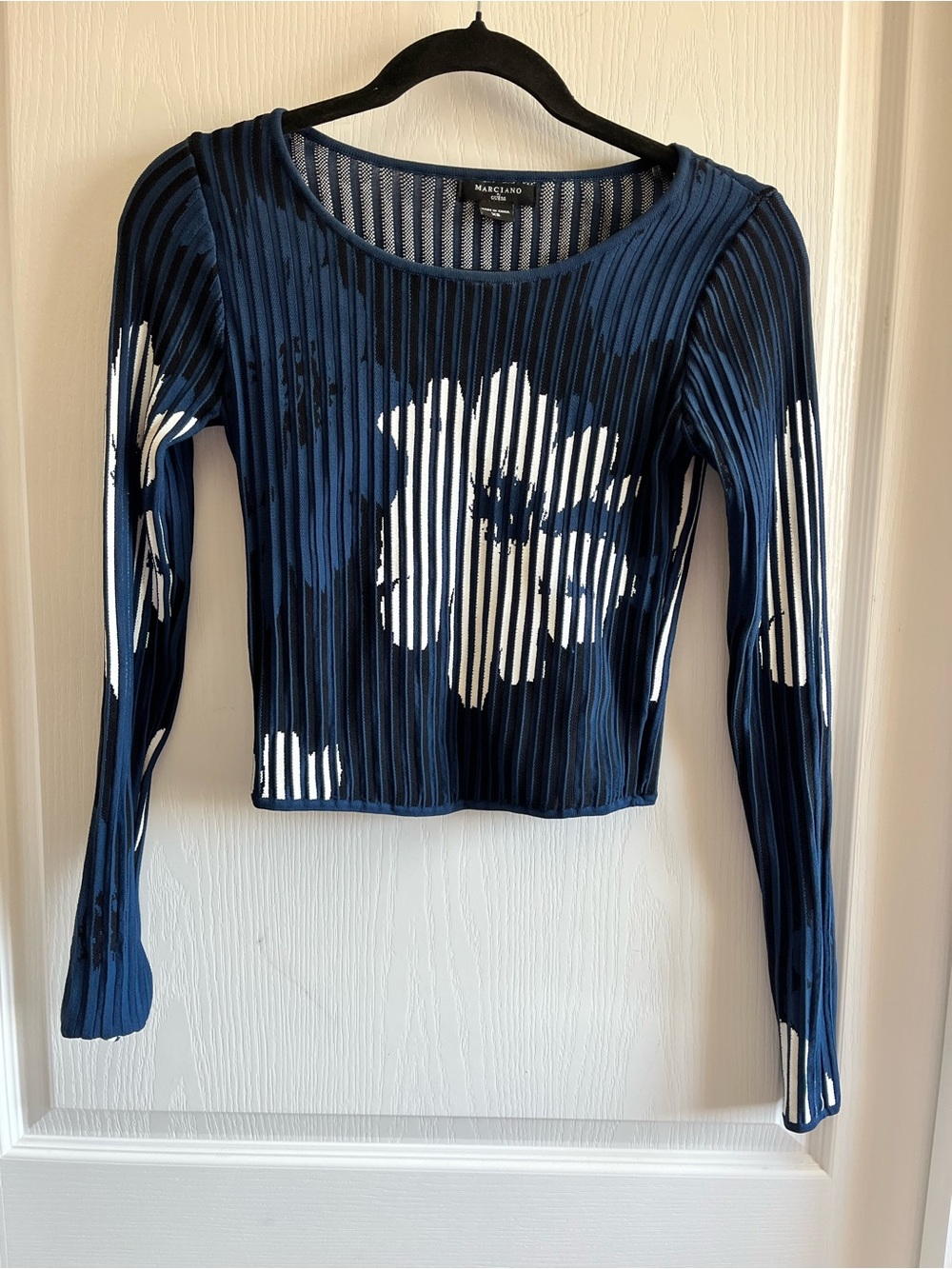 Marciano Guess Sofia Jacquard Blue Floral Ribbed Knit Long Sleeve Crop Top XS